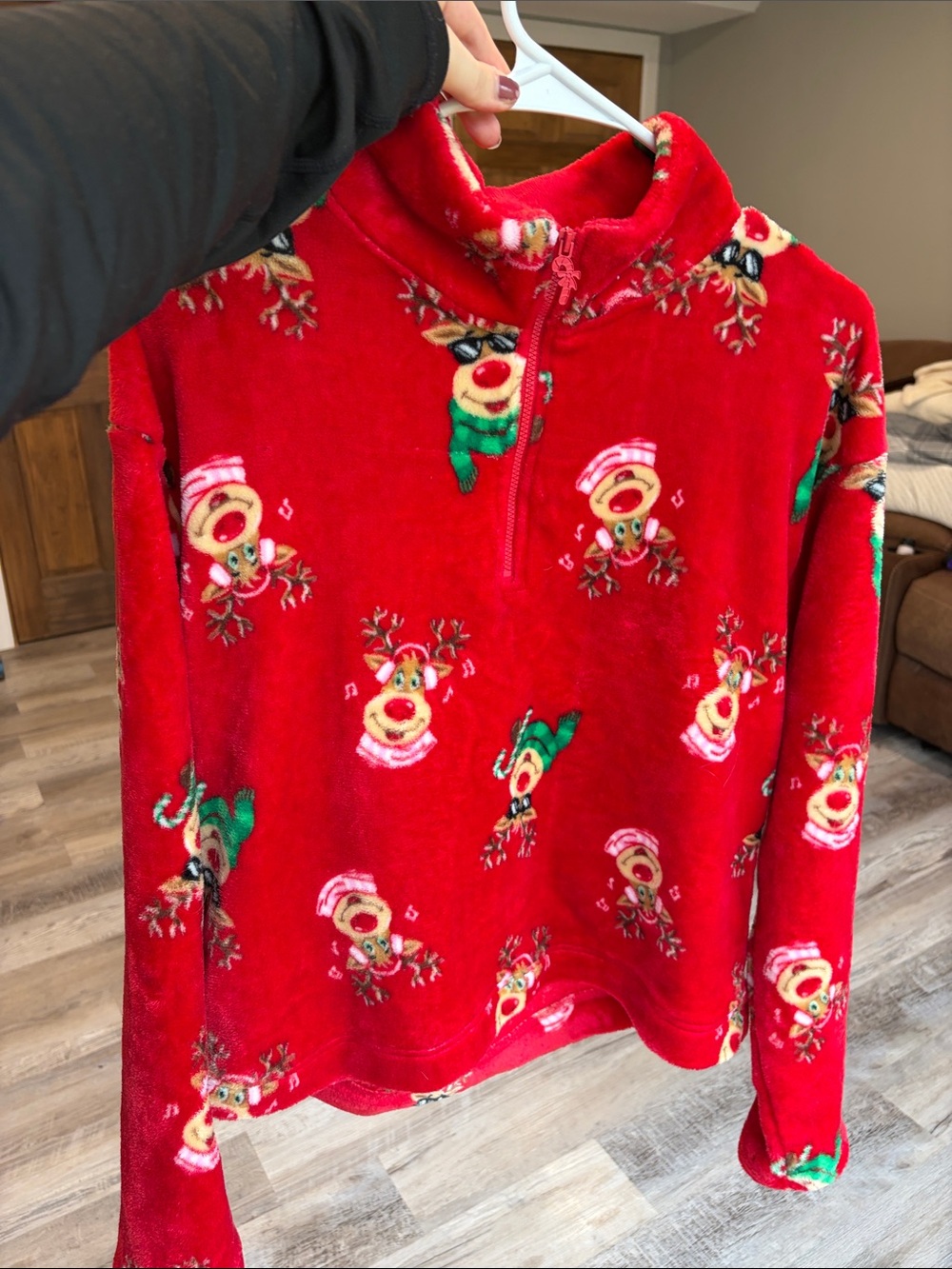 No Boundaries Red Holiday Reindeer Fleece Pullover